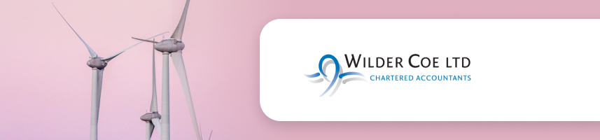 Logo for Wilder Coe Ltd overlaid onto a sunset photo of windmills