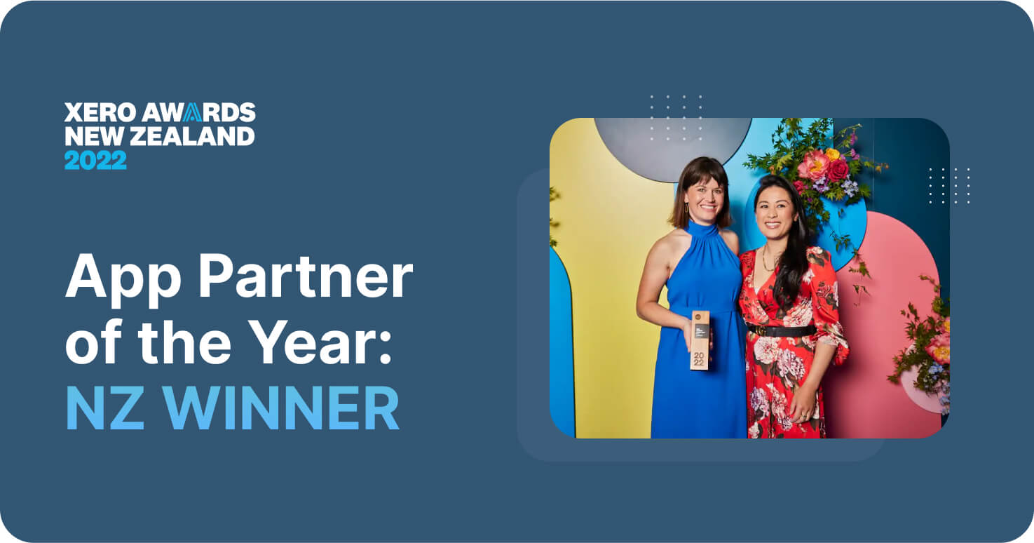 "Xero Awards New Zealand 2022" followed by "App Partner of the Year" NZ Winner" and a photo of two ApprovalMax employees.