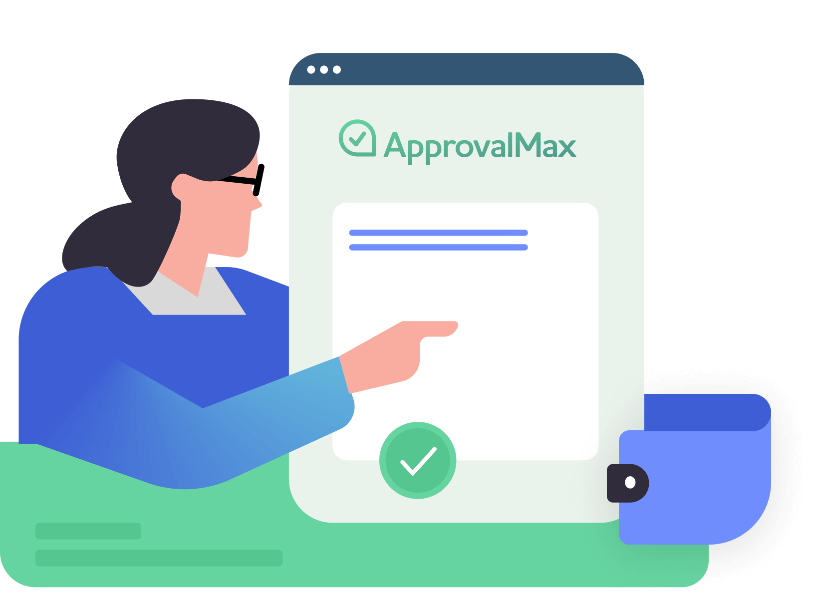 Cartoon woman points to a cartoon webpage with 'ApprovalMax' at the top of the page